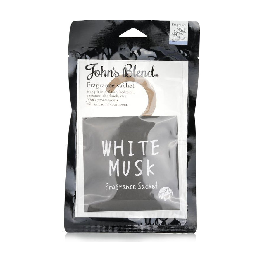 John's Blend 白麝香系列香薰片现代百合款包装正面，黑色袋身印有白色英文品牌名及 WHITE MUSK 字样。