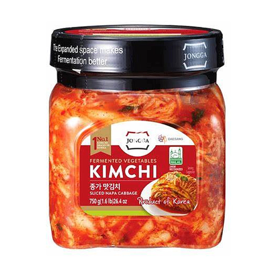 Jongga 宗家府韩国切件泡菜 750g 罐装正面图，展示透明玻璃罐内的红色泡菜及品牌标签。