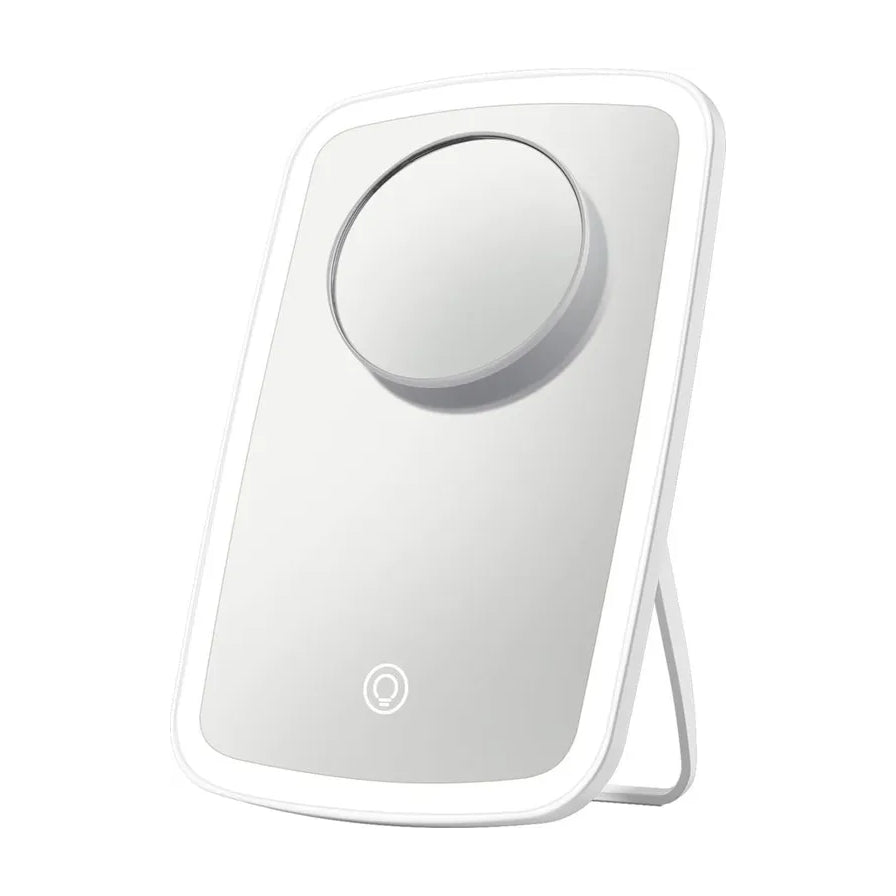 佐敦朱迪三色化妆镜正面图，白色机身配 LED 灯带，底部触控开关，附带磁吸圆形放大镜。