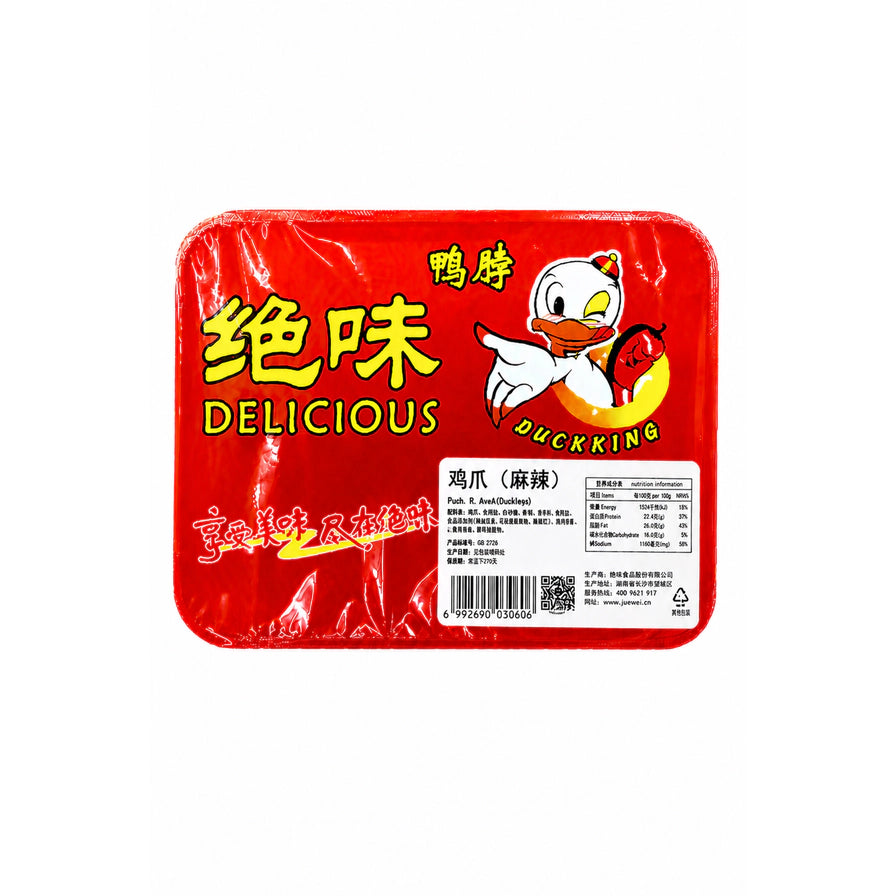 绝味麻辣鸡爪红色包装正面图，包装上印有卡通鸭子形象及麻辣口味标识。