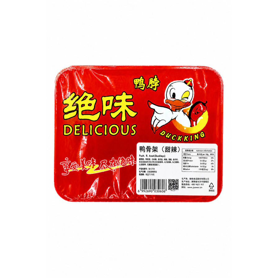 绝味甜辣鸭骨架红色密封包装正面图，展示了甜辣口味标识、条形码及品牌卡通形象。