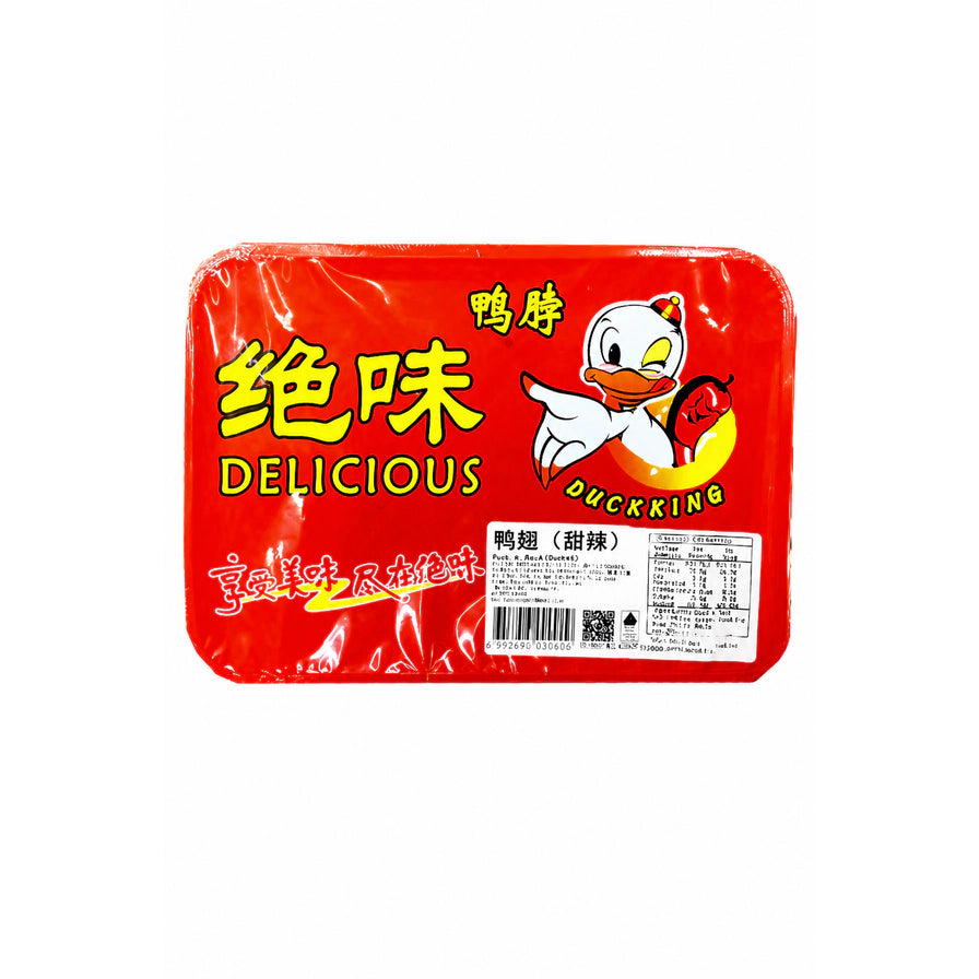 绝味甜辣鸭翅红色塑封包装正面，包含条形码和生产信息。