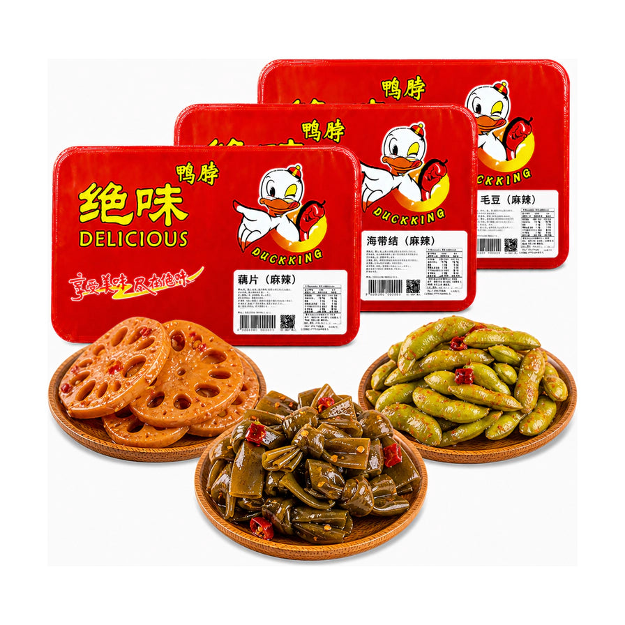 绝味鸭脖系列素菜组合，包含麻辣藕片、海带结和毛豆，背景为红色盒装产品。