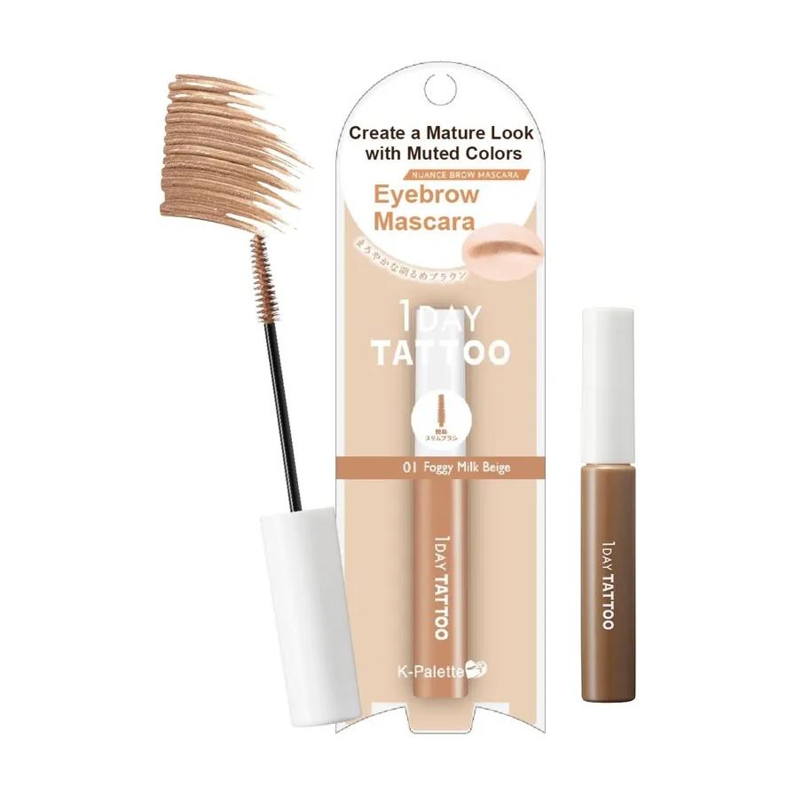 K - Palette 1 Day Tattoo 染眉膏 牛奶米色，展示包装、管身及刷头试色效果。
