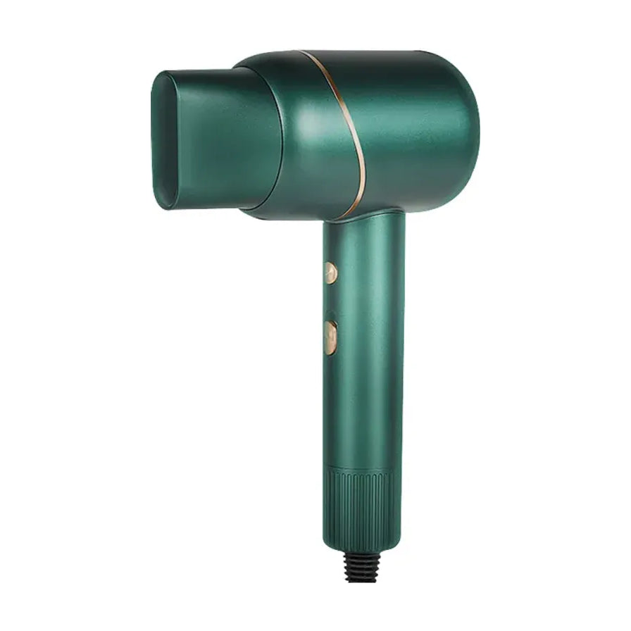 K·SKIN 金稻负离子电吹风机正面特写，深绿色机身搭配金色装饰环，展示紧凑设计与双档调节按钮。
