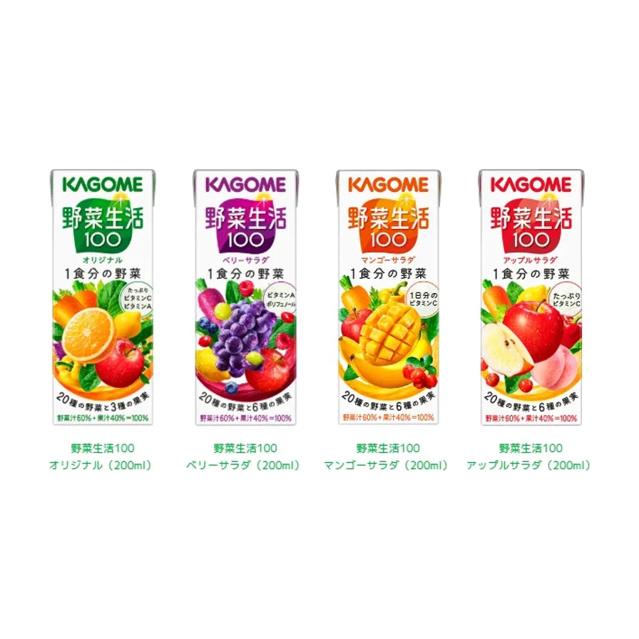 KAGOME可果美野菜生活100混合果蔬汁四种口味展示，包括原味、浆果、芒果沙拉和苹果沙拉。