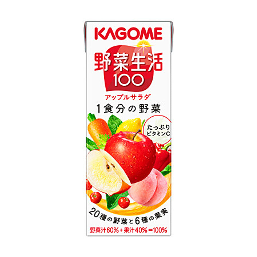 KAGOME可果美野菜生活100苹果沙拉味混合果蔬汁200ml正面包装，展示红苹果、桃子、胡萝卜等果蔬。