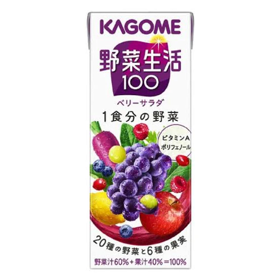 KAGOME可果美野菜生活100浆果味混合果蔬汁200ml正面包装，展示葡萄、蓝莓、苹果等紫色系果蔬。