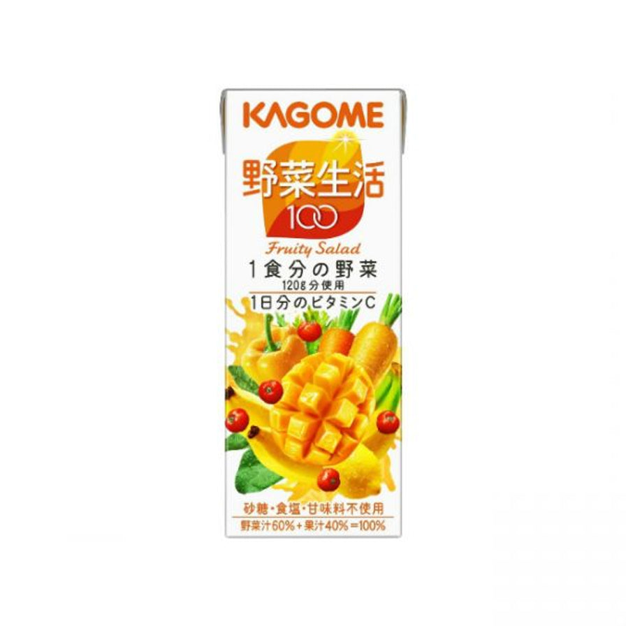KAGOME可果美野菜生活100芒果沙拉味混合果蔬汁200ml正面包装，展示芒果、胡萝卜等果蔬图案。
