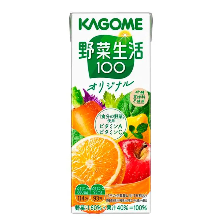 KAGOME可果美野菜生活100原味混合果蔬汁200ml正面包装，展示橙子、苹果、胡萝卜等果蔬。