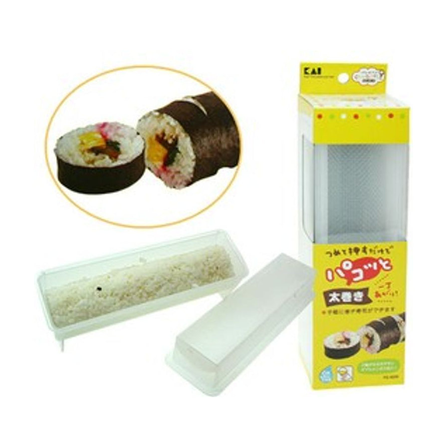 贝印寿司模具使用场景展示，包含拆开的透明模具盛放米饭、包装盒以及制作完成的寿司卷特写。