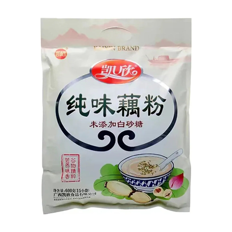 凯欣纯味藕粉600克袋装正面图，包装上印有纯味藕粉、未添加白砂糖字样，以及一碗冲泡好的藕粉示意图。