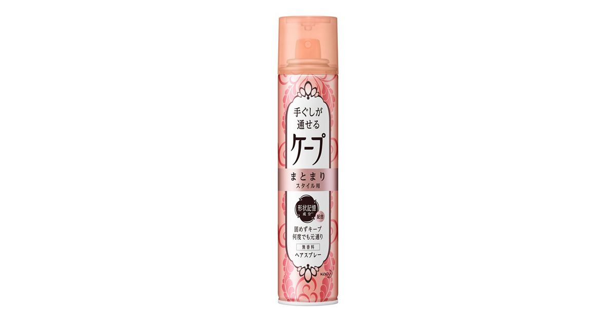花王 Cape 定型喷雾正面产品图，粉色花纹瓶身，白色背景。