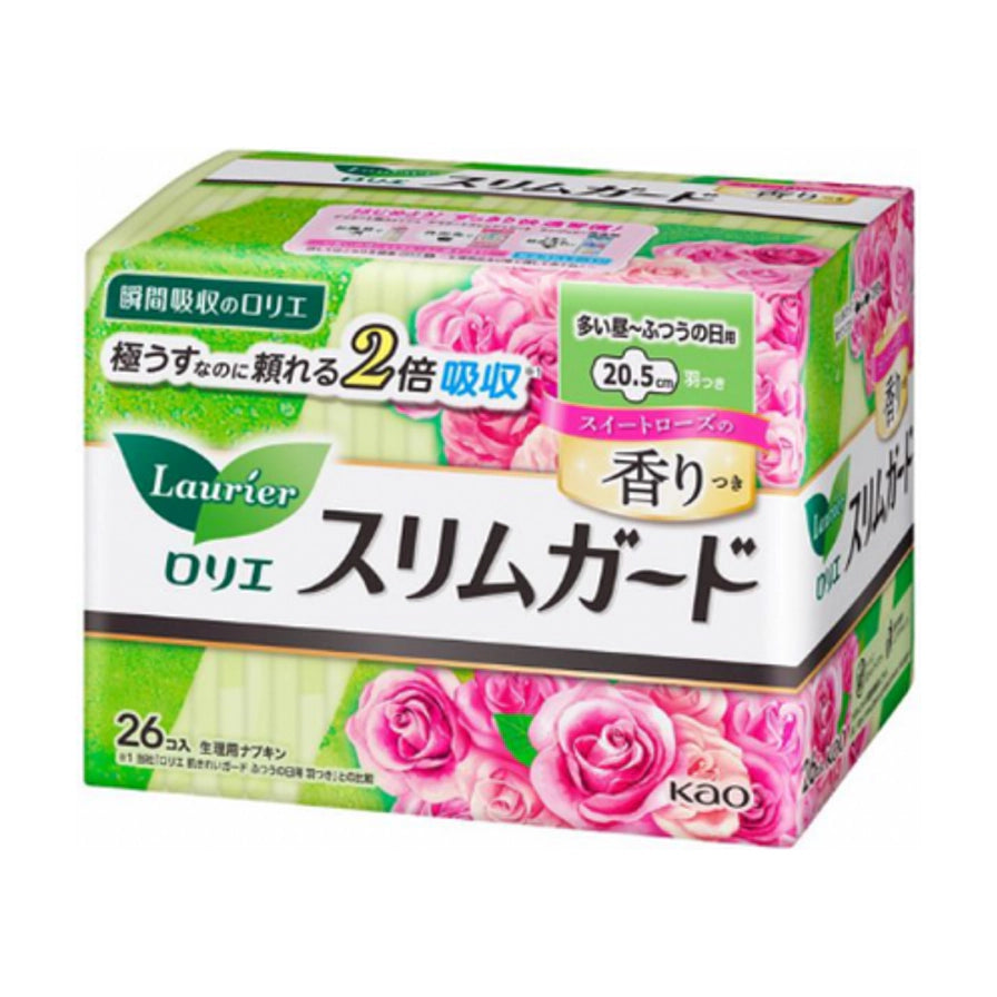 花王乐而雅S系列超薄卫生巾20.5cm带护翼包装，粉色玫瑰花图案，标注带花香及26片装。