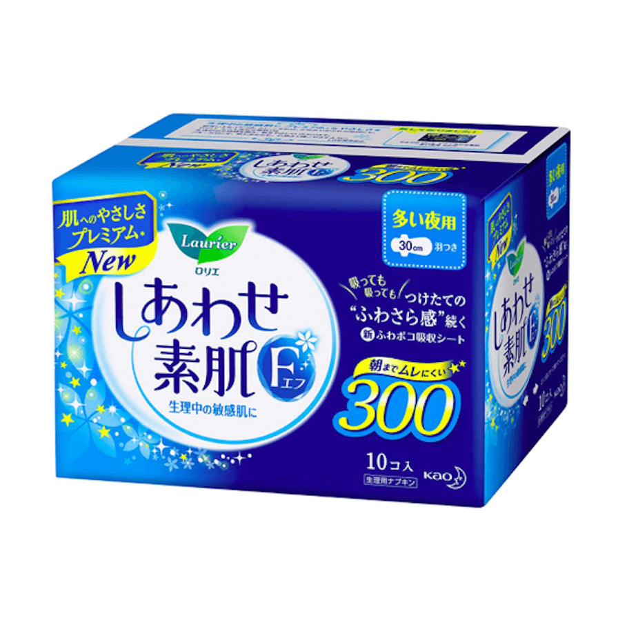 花王乐而雅零触感素肌夜用卫生巾包装正面，蓝色背景，标有300及30cm字样，10片装。