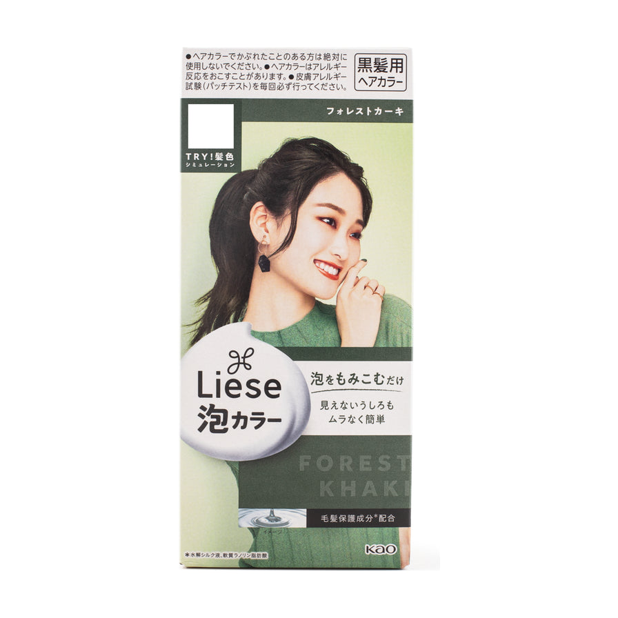 花王 Liese 泡沫染发剂森林卡其色包装盒，正面展示模特自然棕绿发色
