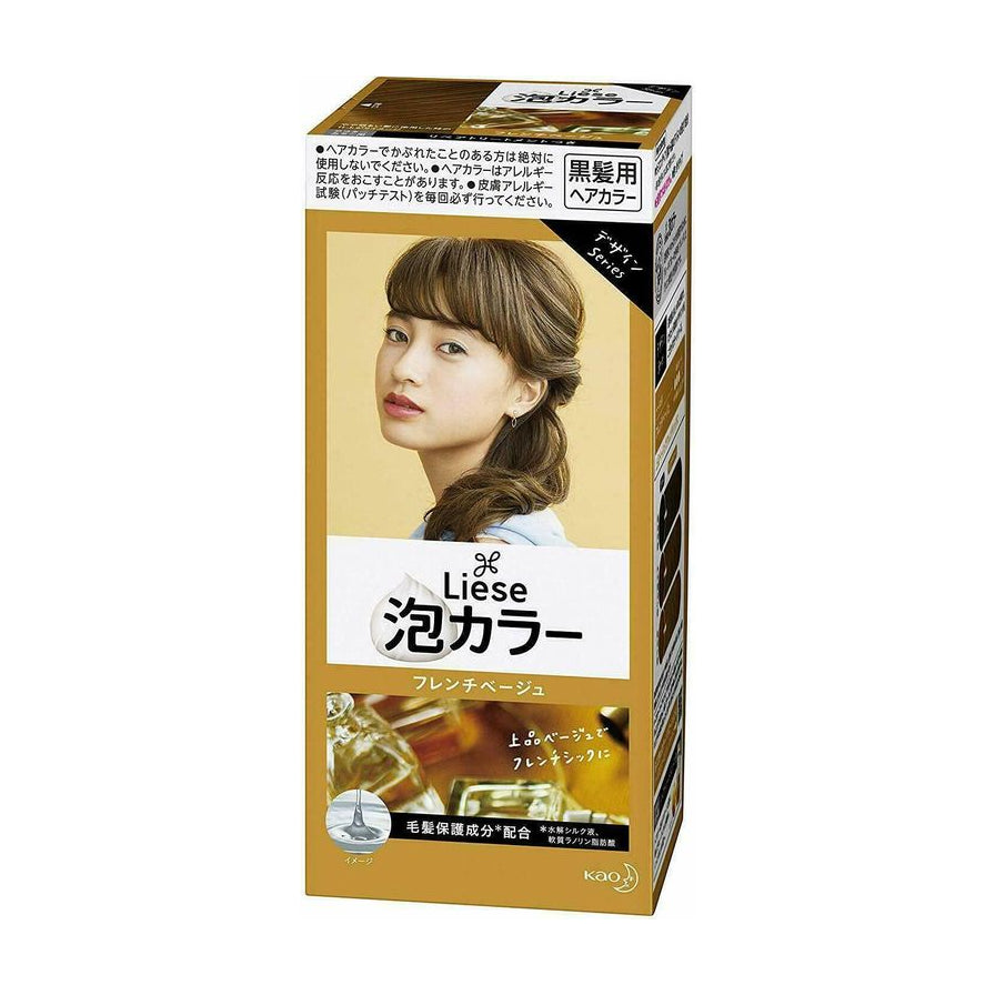 花王 Liese 泡沫染发剂法国米色包装盒，展示温暖浅棕发色效果