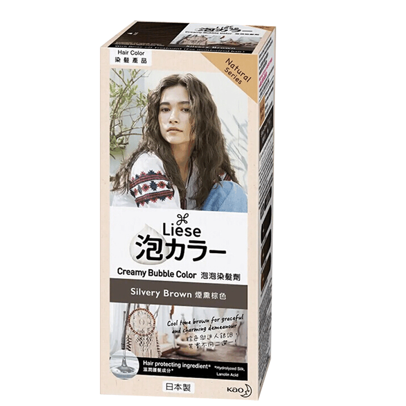 花王 Liese 泡沫染发剂烟熏棕色包装盒，展示模特染后发色效果及 Silvery Brown 字样。