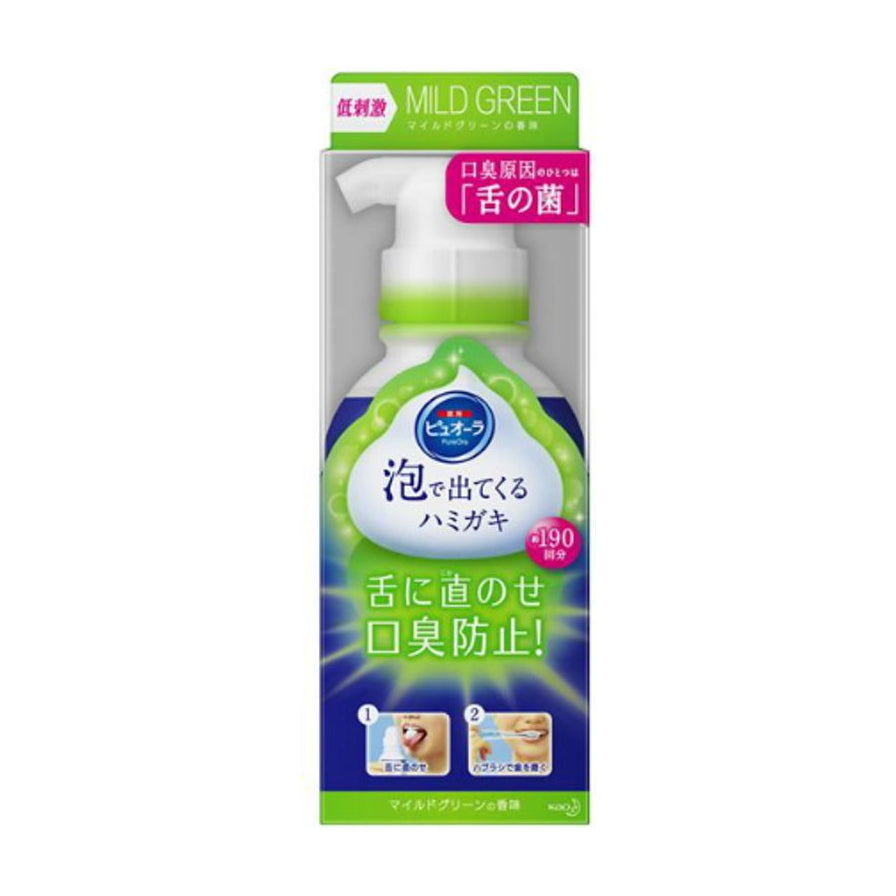 花王 PureOra 齿槽脓漏修复泡沫牙膏正面包装，显示低刺激薄荷香型及190回分规格，底部带有使用步骤示意图。