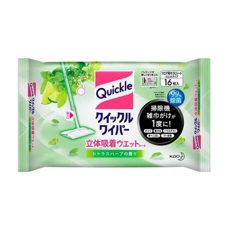 花王 Quickle Wiper 立体吸着地板清洁湿纸巾香草香型16片装正面包装图，展示了产品标志、99.9%除菌标识及拖把使用示意图。