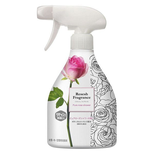 花王 Resesh 衣物消臭喷雾玫瑰香型正面特写，白色瓶身印有粉色玫瑰图案和黑白线条花卉。
