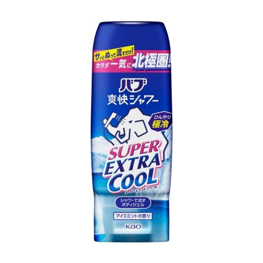 花王 SUPER EXTRA COOL 劲凉沐浴乳正面包装图，蓝色瓶身印有日文及冰爽图案。