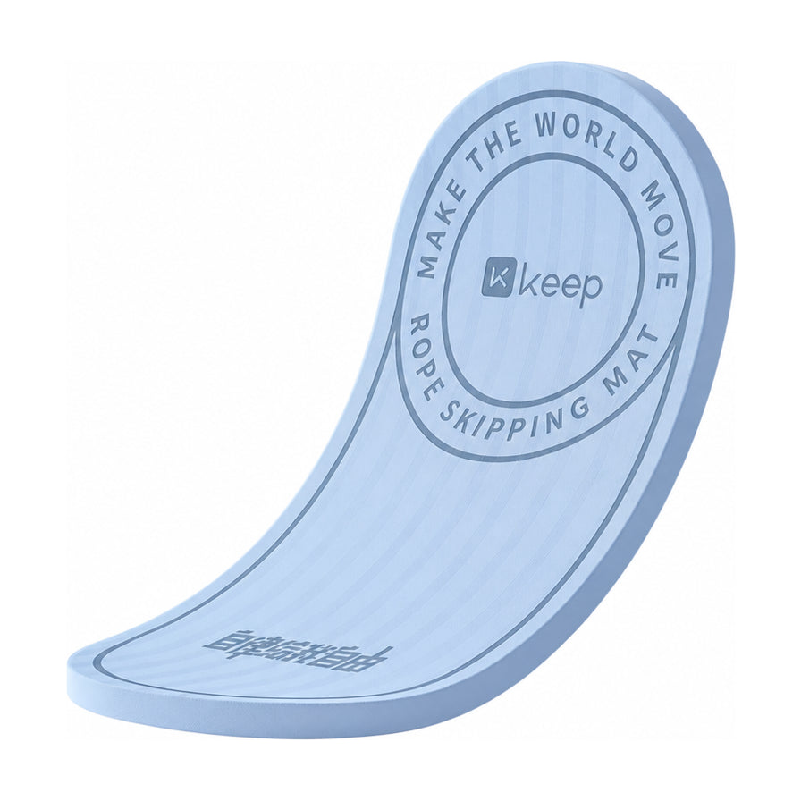 Keep 湖蓝色降噪跳绳垫，白色背景，垫子表面印有 Keep 品牌标识及 ROPE SKIPPING MAT 字样。