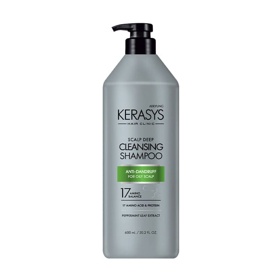可瑞丝 Kerasys 深层头皮清洁洗发水 600ml 灰色瓶身正面展示，含薄荷叶提取物与氨基酸成分标识。