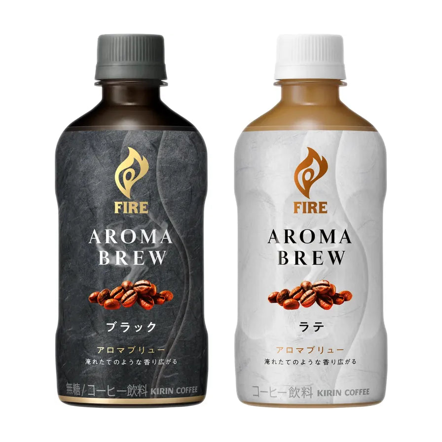 两瓶麒麟 Kirin 火焰直火焙煎咖啡并排展示，左侧为黑色包装无糖黑咖啡，右侧为白色包装牛奶咖啡。