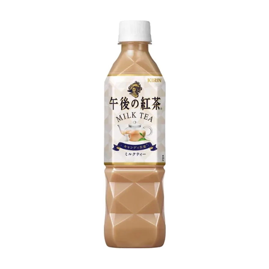 日本麒麟午后奶茶500ml单瓶装，白色瓶盖，瓶身标签印有午后の红茶经典标志及茶壶图案。