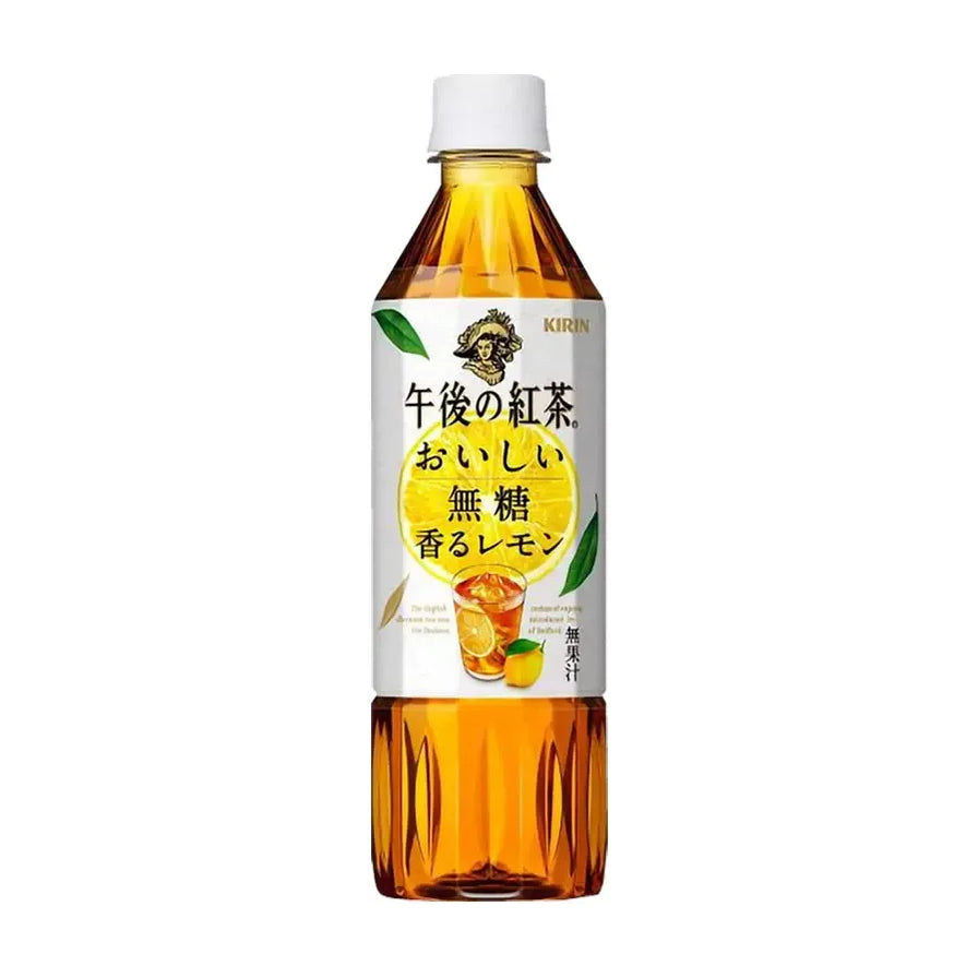 KIRIN 麒麟午后红茶无糖柠檬红茶 500ml 瓶装正面图，白色标签印有柠檬切片、冰红茶杯及日文产品名，背景为纯白色。