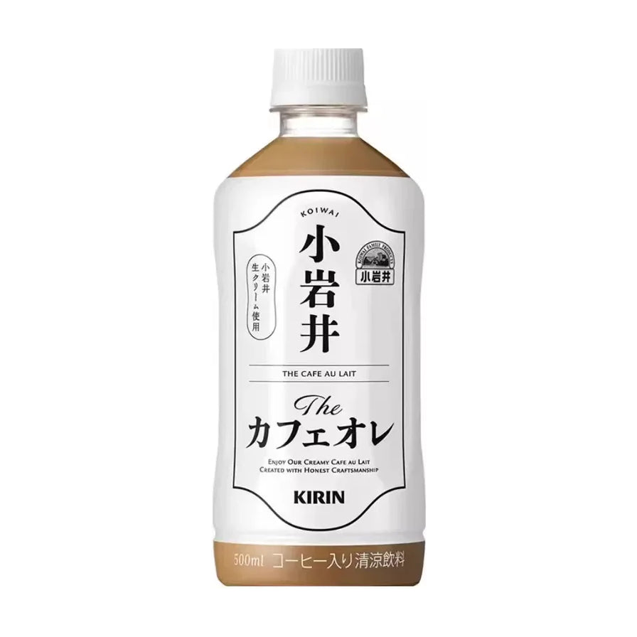 Kirin麒麟小岩井牛奶咖啡500ml瓶装正面图，白色包装印有小岩井农场标识及日文产品名，展示其醇厚奶香咖啡欧蕾质感。