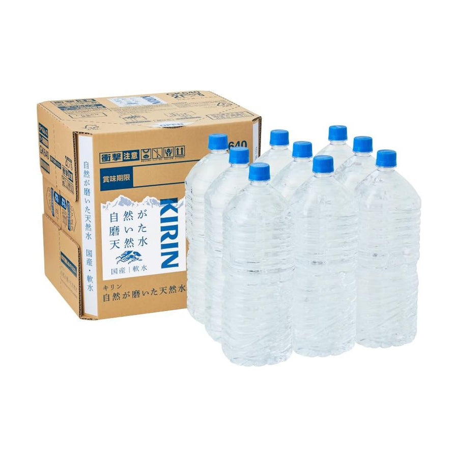 麒麟天然水整箱装展示，包含一箱6瓶2升装矿泉水及其纸箱包装