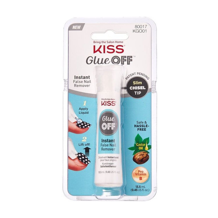 KISS 瞬间除指甲胶 13.5ml 包装正面图，展示专利细凿型刷头、蓖麻油和维生素 B 成分标识，以及两步卸甲示意图。