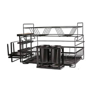 黑色三层金属厨房置物架正面展示，包含刀架、砧板架和餐具筒配件，白色背景。