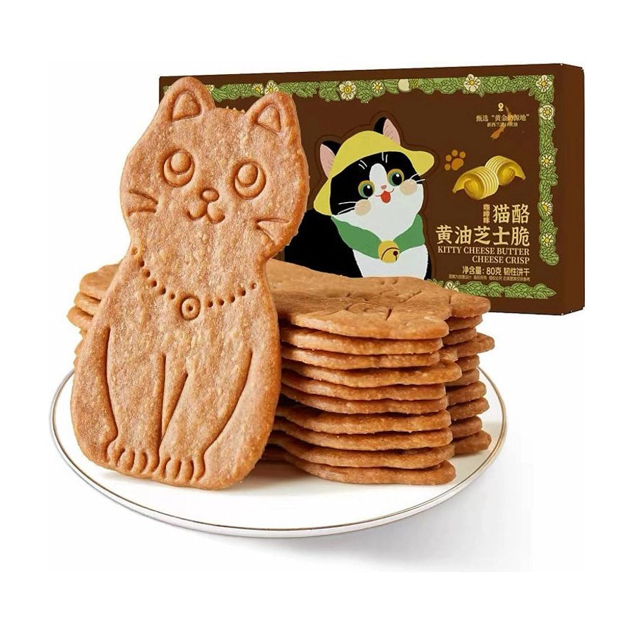 良品铺子猫酪黄油芝士脆咖啡味产品图，展示深褐色猫咪形状饼干、圆形薄脆饼干及棕色包装盒。