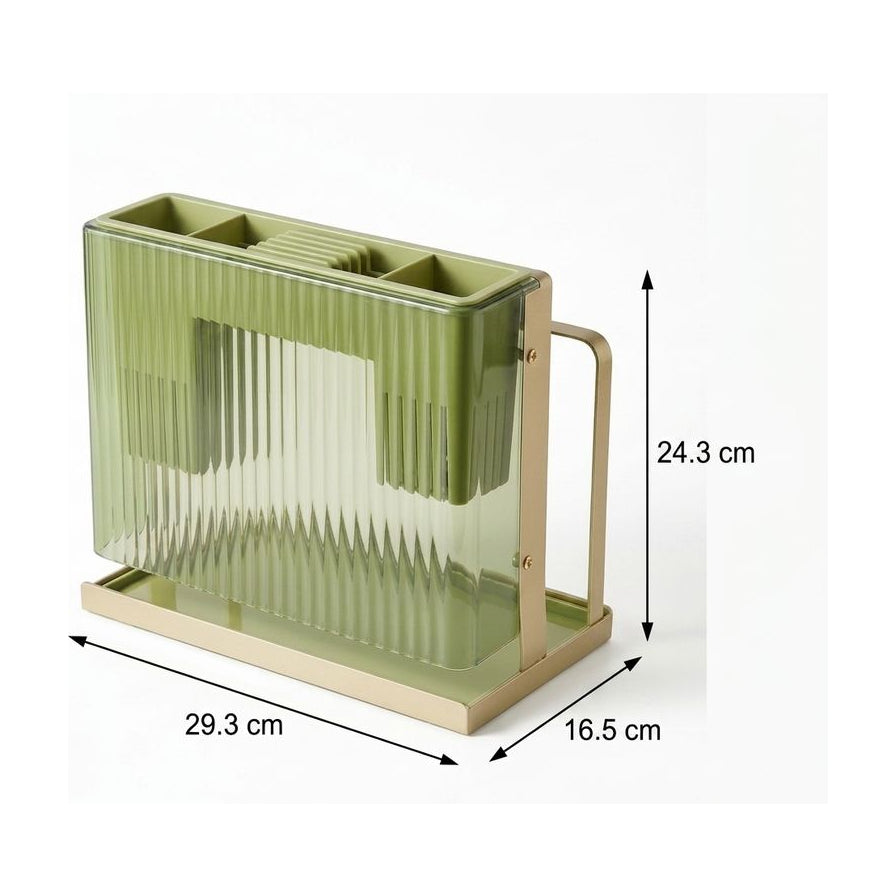 牛油果绿刀架砧板收纳架尺寸示意图，标注长 29.3cm、宽 16.5cm、高 24.3cm。
