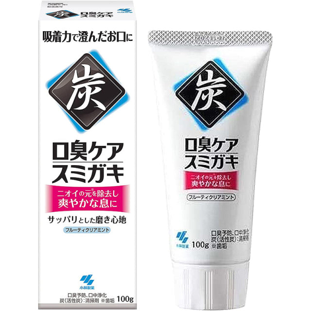 小林制药黑炭牙膏产品包装展示，包含外盒与管身正面视图。