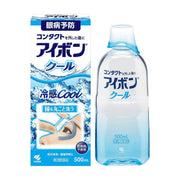 小林制药洗眼液COOL型500ml，包含外包装盒及透明瓶身，瓶盖附带蓝色硅胶洗眼杯，包装印有冰块元素及洗眼示意图。
