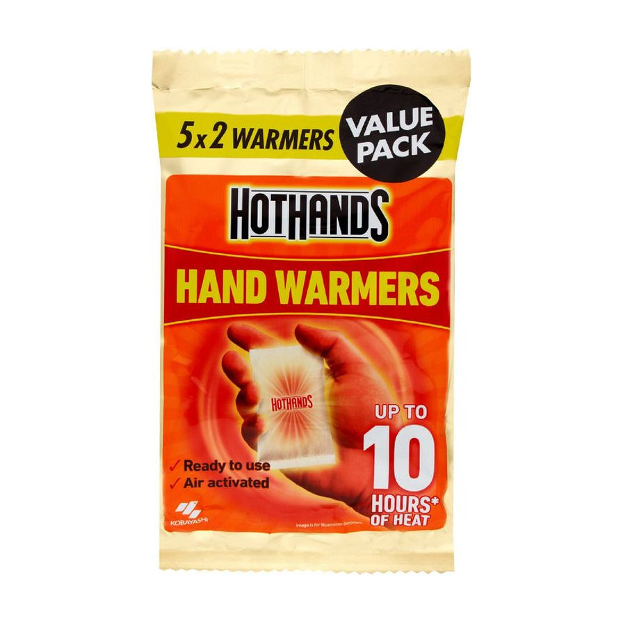 小林制药 HotHands 暖宝宝贴 10片装包装正面，显示 5x2 WARMERS 超值装，标注持续发热 10 小时，包装上有手握暖贴的示意图。