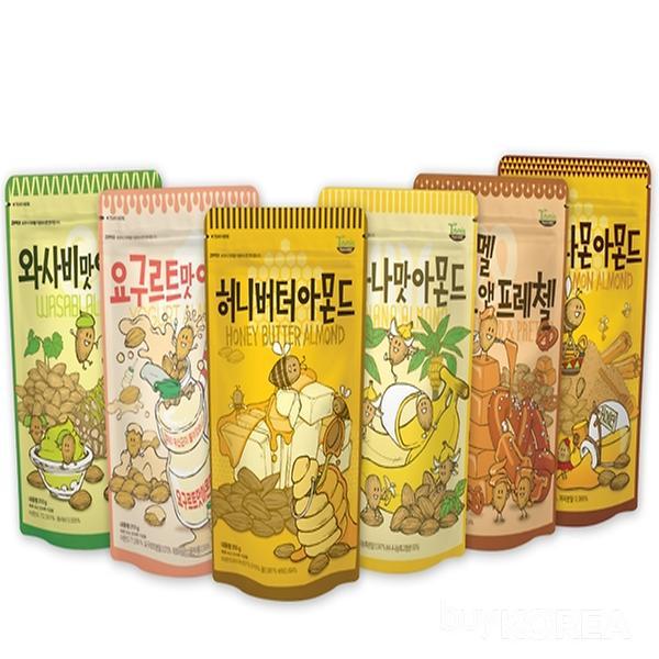 韩国扁桃仁君坚果零食包装背面，展示营养成分表和产品详细信息