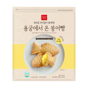 韩国奶黄泡芙鲷鱼烧包装正面图，展示了鱼形点心和流心奶黄内馅，带有HACCP认证标识。