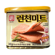 韩国汉星经典午餐肉罐头340g正面包装图，展示了切片午餐肉的食用建议图示及韩文产品标识。
