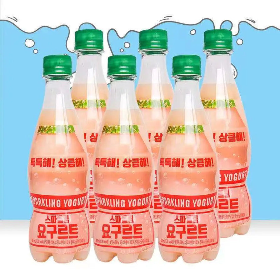 六支韩国产乳酸菌气泡水整齐排列，背景为蓝色水波纹装饰，展示家庭分享装规格。