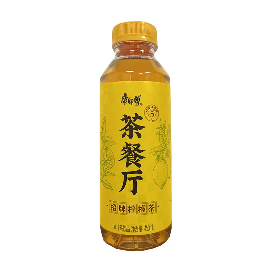 康师傅茶餐厅招牌柠檬茶450ml瓶装，黄色包装，印有柠檬和茶叶图案。