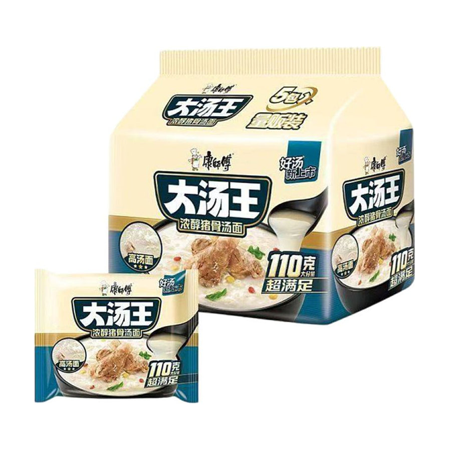 康师傅大汤王浓醇猪骨汤面，包含五包量贩装大包装和单袋装，包装上印有浓郁白汤和排骨配料图。