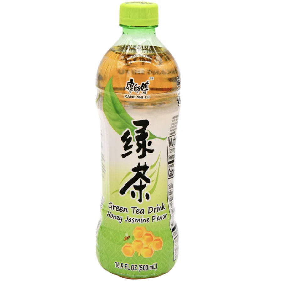 康师傅绿茶500ml瓶装，含蜂蜜茉莉风味，绿色包装。