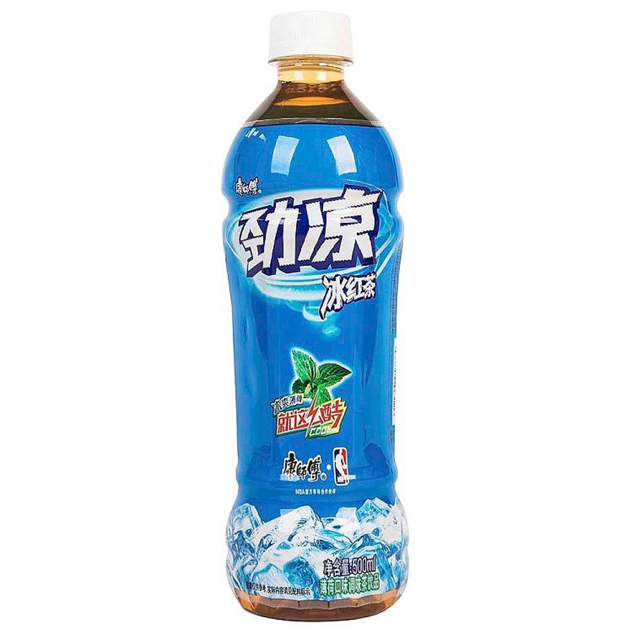 康师傅劲凉冰红茶500ml瓶装，蓝色包装，主打薄荷清凉口感。