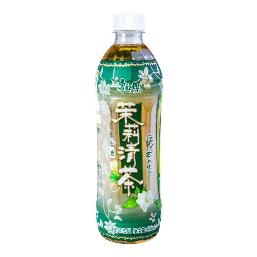 康师傅茉莉清茶500ml瓶装，浅绿色包装，清爽低糖。