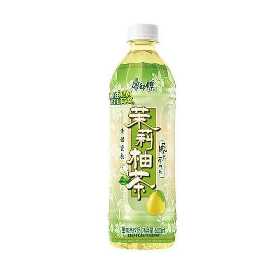 康师傅茉莉柚茶500ml瓶装，浅绿色包装，茉莉花香与柚子风味结合。
